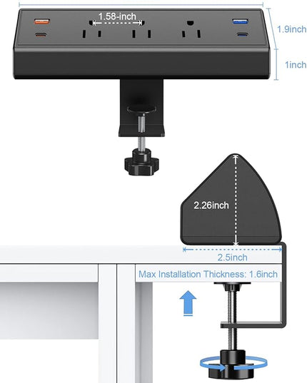 Desk Clamp Power Strip with USB C,65W Fast Charging Station for iPhone 14 Pro Max iPad MacBook Air,Power Supply for Desk Edge Mount,3 Widely Spaced Outlets Surge Protector,6ft Cord (Black)