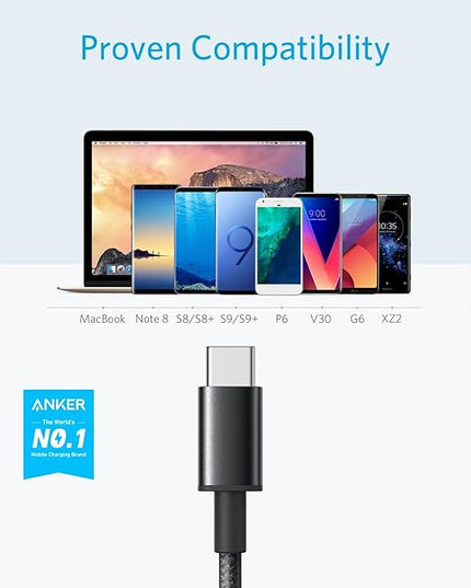 Anker Cable [5 Pack, 6FT], USB A to USB C Cable for iPhone 17 Series,Samsung Galaxy S10 S10+, LG V30, Beats Fit Pro and More (Black)