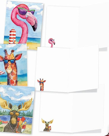 The Best Card Company Assorted Funny Wildlife Watercolor Blank Greeting Card Box Set - Incl. 10 Unique Notecards Designs + Envelopes for Thank You, Invitations - Animal's Day Off AM6670OCB-B1x10