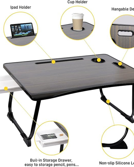 Amaredom Laptop Bed Desk Tray Bed Table, Foldable Portable Lap Desk with Storage Drawer and Cup Holder for Eating Breakfast on Bed/Couch/Sofa-Black