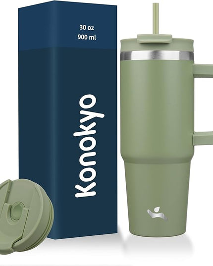 30 oz Tumbler with Handle and 2 Straws,2 in 1 Lid Insulated Water Bottle Stainless Steel Travel Coffee Mug,Army Green