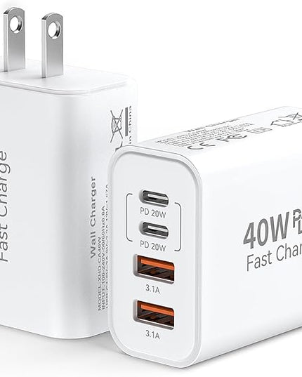 USB C Wall Fast Charger Block, 40W 4-Port Type C Charger Fast Charging Blocks PD Power Charger Adapter+QC 3.0 USB Multiport Charger Brick for iPhone 17/16/15/14/13/12 Pro Max, iPad, Galaxy S25-2Pack
