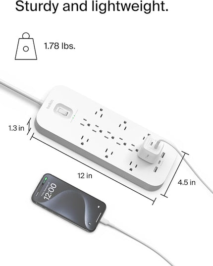 Belkin 12-Outlet Surge Protector Power Strip w/ 12 AC Outlets, 2 USB-A Ports and 1 USB-C Port, 6ft Cable, UL-listed w/ Overload & Overvoltage Protection + On/Off Switch - 3,480 Joules of Protection