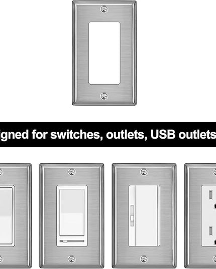BESTTEN [5 Pack] Decor Metal Wall Plate with Protective Film, Corrosion-Resistant Decorator Switch Cover, Industrial Grade Stainless Steel, Brushed Finish, Silver