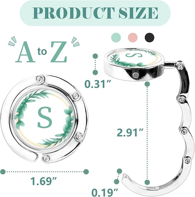 Iqimott 3pcs Personalized Initial Foldable Purse Hook for Table, Flower Letter Folding Handbag Hanger Portable Magnet Table Hook Holder, Collection Desk Purse Hooks for Women Bag (Green-S)