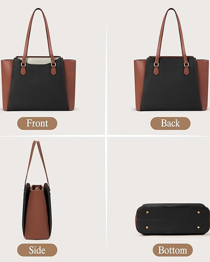 RAINSMORE Laptop Bag for Women 15.6 Inch Work Tote Bags Waterproof Computer Bags Leather Professional Laptop Purse Womens Laptop Briefcase Large Handbag for Office Teacher Travel, Black Brown White