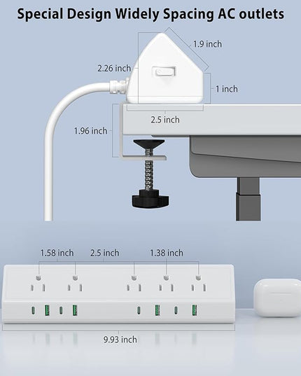 45W Fast Charging Station,Desk Clamp Power Strip,4 PD USB-C Ports,5 AC Outlets,Surge Protector Power Strip, 14AWG Heavy Duty Cord, Fits 1.9" Tabletop Edge (White, 10 FT Cable)