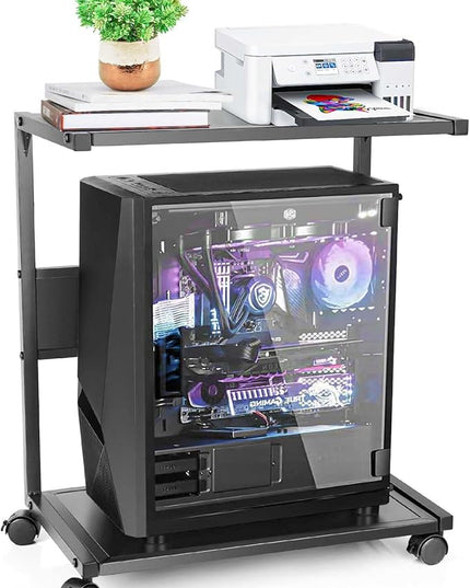 PC Stand Computer Tower Stand 2-Tier Metal CPU Holder with Locking Caster Wheels Suitable for Most PC (Black, L)