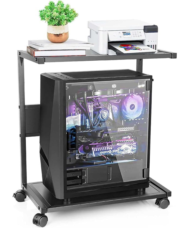 PC Stand Computer Tower Stand 2-Tier Metal CPU Holder with Locking Caster Wheels Suitable for Most PC (Black, L)