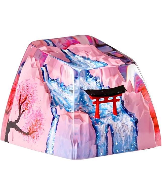Japanese Shrine Artisan Keycap Red Torii Gate Spring Sakura Waterfall R1 SA Profile Custom 1U ESC Handmade Gaming Resin Key Cap Cherry MX Switch Compatible Mechanical Keyboard Japan Lover Gift