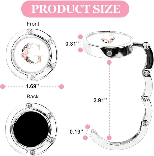 XSUIOY 3Pcs Personalized Initial Foldable Purse Hook for Table,Crushed Flower Letters Folding Purse Hanger,Purse Holder Handbag Hanger Collection Desk Table Bag Hooks Gifts for Women Bag(Pink-G)