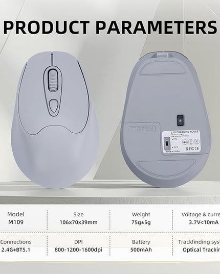 M109 Wireless Mouse,Bluetooth 5.1/5.0 + USB with USB Mini Receiver,Rechargeable Silent,Wireless BluetoothMouse 1000-1200-1600 DPI,5-Programmable Buttons,Compatible with PC,Mac, Laptop,Chromebook-Grey