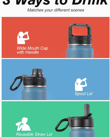 Coolflask Water Bottle 20 oz Insulated with Straw, Stainless Steel Metal 3 Lids Water Flask Wide Mouth for Sports or Office, Non-BPA Keep Cold Up to 48 Hrs or Hot Up to 24 Hrs, Samurai Cyan