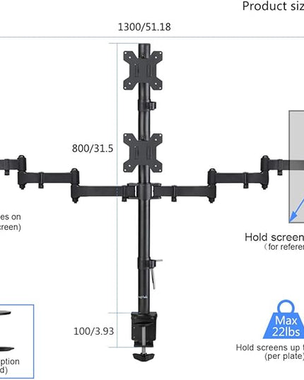 Suptek Quad LED LCD Monitor Stand up Desk Mount Extra Tall 31.5 inch Pole Heavy Duty Fully Adjustable Stand for 4 (3+1) / Four Screens up to 27 inch (MD6864)