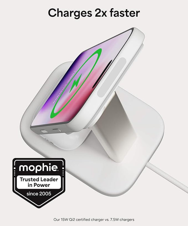 Mophie 2-in-1 Wireless Charging Stand - Qi2-Certified, MagSafe Charger for iPhone & AirPods – Fast Charging Station with Adjustable Phone Stand & Cable Management – Up to 15W Power