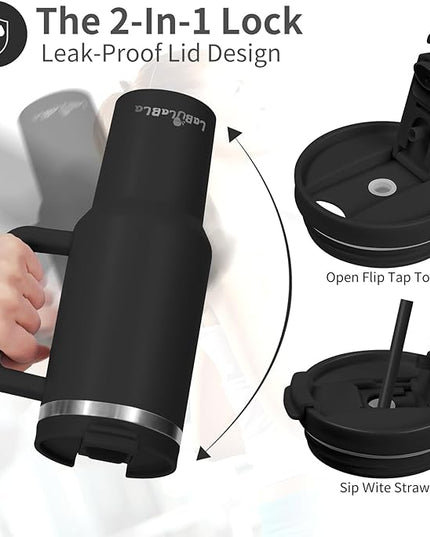 40oz Tumbler with Handle,Double Wall Vacuum Reusable Stainless Steel Insulated Water Bottle,With Leak Proof lid and Straw for Iced or Cold Beverages (Black)