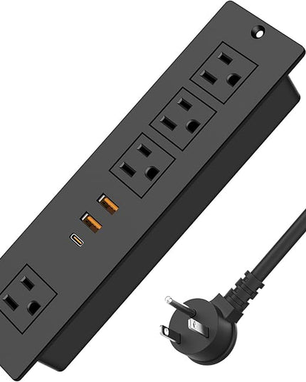 VILONG Recessed Power Strip with PD 20W USB-C, Flush Mounted Drawer Outlet, 4 Outlets & 3 USB Ports, Conference Desktop Built in Power Strip, 6.5FT Extension Cord(Black)