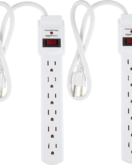 Amazon Basics Surge Protector Power Strip, 6-Outlet with 200J Protection, Circuit Breaker, LED Indicator, On/Off Switch, Wall-Mounting, 2ft Extension Cord, White, 2-Pack