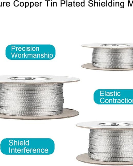 Tinned Copper Braided Cable Shielding Sleeve Metal Wire Loom Sheathing EMI RFI ESD Protector Grounding Mesh Flat Tubular Expandable 5/8" W(0.40" ID)-35FT