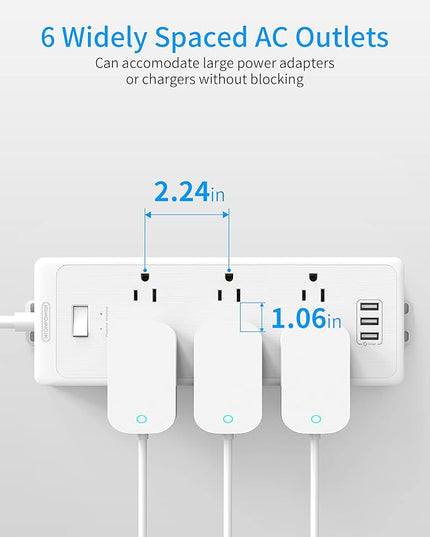 6 Super Wide Spaced Outlet Surge Protector Power Strip with USB, 10 ft Extension Cord Flat Plug Surge Protector Wall Mount, 1700 Joules, 1875W, 15A Circuit Breaker for Home Office Accessories, White