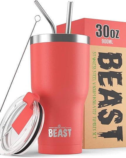 Beast 30 oz Tumbler Stainless Steel Vacuum Insulated Coffee Ice Cup Double Wall Travel Flask (Coral Pink)
