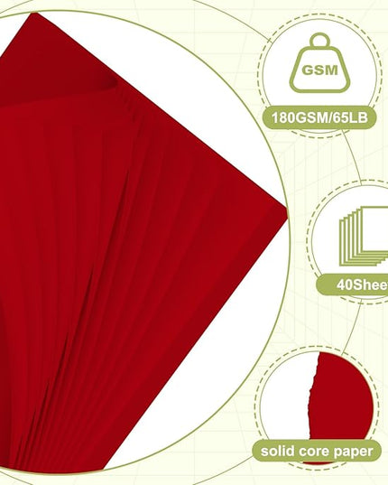 40 Sheets Cardstock 8.5x11, 65lb Red Card Stock, Construction Paper, 180gsm Thick Printer Paper for Printing, Painting, Card Making, Kids School Supplies,Party Decorations