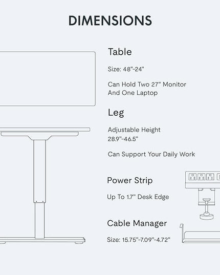 FLEXISPOT EN2 Whole-Piece Standing Desk with Clamp Power Strip, 48x24 Electric Stand Up Height Adjustable Desk with Cable Management (White Frame + 48" White Top)