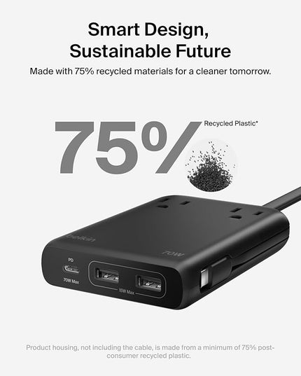Belkin GaN Charging Station 70W, 6-in-1 USB C Charger w/ 2X AC Outlets, 2X USB A Ports, Integrated USB C Cable - Power Strip for iPhone, Apple Watch, iPad, MacBook, Chromebook, Galaxy, Pixel, & More