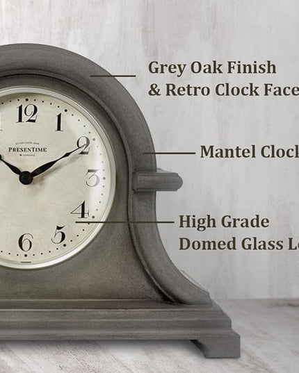 Presentime & Co. Mantel Clock Vintage Farmhouse Series, Napoleon Desk & Shelf Clock, 13 x 10 inch, Domed Lens, Quartz Movement, ABS Plastic Case, Gray Oak Finish (Home/Tabletop Decoration)