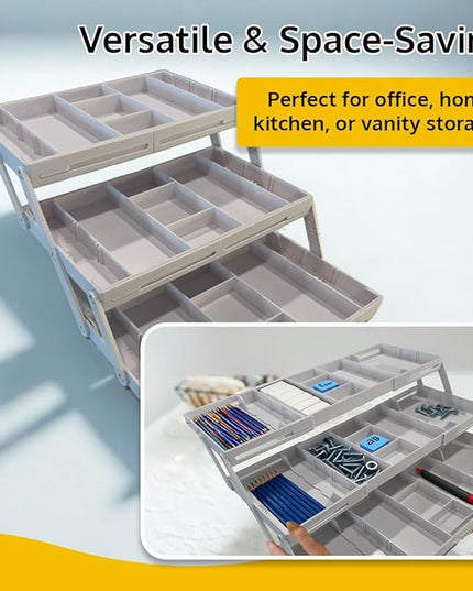 3 Tier Drawer Organizer, Multi Level Smart Drawer Organizer for Desk, Expandable Organizer for Office, Makeup, Jewelry, Kitchen, Folding Storage for Home and Office Drawers - White