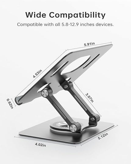 Tablet Stand Holder with 360° Rotating Base Dual Rod Aluminum Adjustable Tablet Stand for Desk Compatible with iPad Samsung Phone Kindle E-Reader and More, Black