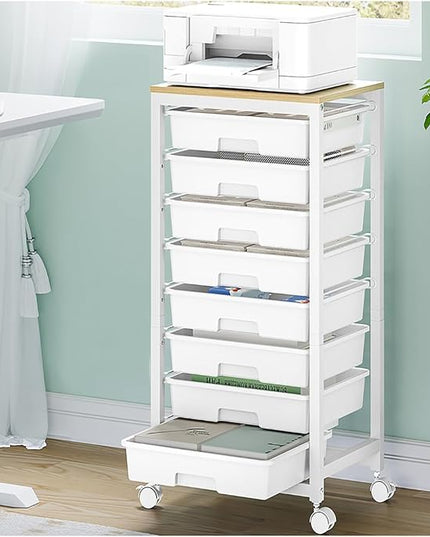 Rolling Cart with Drawers,8 Drawer Rolling Cart,Rolling Drawer Cart,Rolling Storage Drawer Cart,White Rolling Cart,Utility Cart with Drawers and Wooden Tabletop