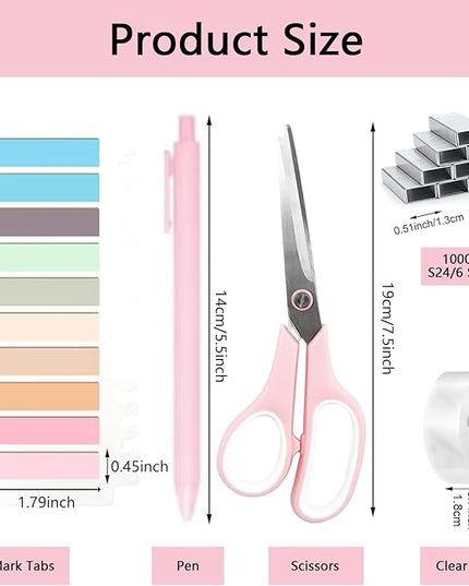 suniya Office Supplies,Desk Accessories,Tape Holder,Stapler,Scissor,Staple Remover,Box of Binder Clips,Staples,Ballpoint Pen,Lndex Tabs,Clear Tape,Office Supplies Set(Pink)