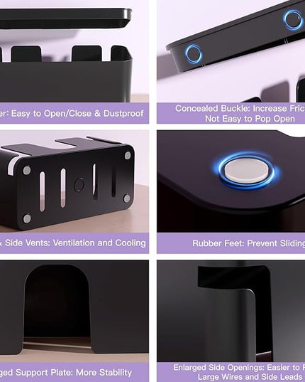 Delamu 2 Pack Cable Management Box, Stylish Black Cable Management, Pet & Child-Proof ABS Cord Box Hider, Medium and Small Cable Box for Computer WiFi Router Box Hider USB Hub, Floor Cord Covers