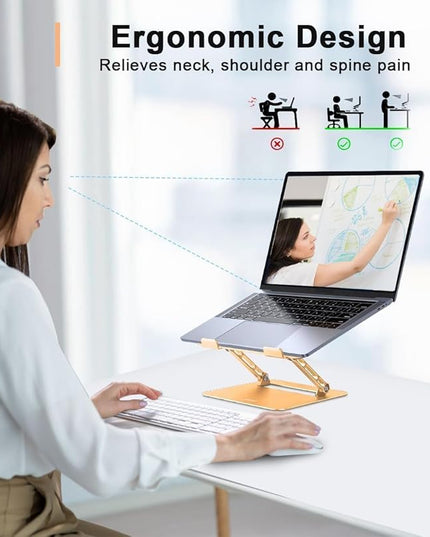 Adjustable Laptop Stand for Desk,Portable Laptop Stand Holder and Riser,Foldable Aluminum Notebook Computer Stands for MacBook Air Pro HP Lenovo Dell Samsung Chromebook, 10-15.6 inch, Gold