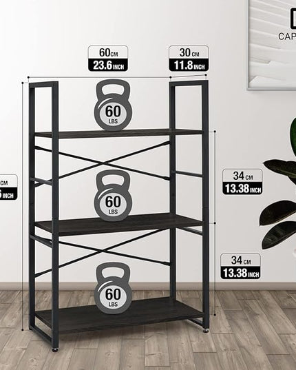 CAPHAUS 3 Tier Small Bookshelf, 24 Inch Width Free Standing Shelf, Bookcase Shelf Storage Organizer, Industrial Book Shelves for Home Office, Living Room, Black Shelves & Metal Frame