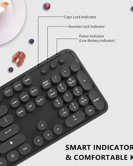 Wireless Keyboard and Mouse Combo, Cute Full Size 104-Key Typewriter Retro Round Keycaps Keyboard for PC Laptop,Windows,Desktop,Perfer for Home and Office Keyboards (Black)