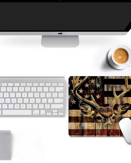 Wood Grain American Flag Hunting Deer Square Mouse pad, Texture, Waterproof, Anti Slip Rubber Base, Computer Mouse pad, Laptop Mouse pad