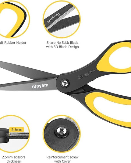 Scissors, iBayam 3 Pack 8" All Purpose Nonstick Scissors, 2.5MM Thickness Titanium Blades with Comfort Grip, Heavy Duty Shears for Office School Home Classroom General Use Art and Craft DIY Supplies