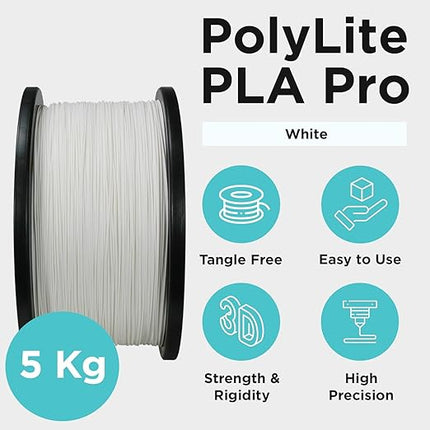 Polymaker PLA PRO Filament 1.75mm 5kg, Tough & High Rigidity White 3D Printing Filament, PolyLite PLA PRO 3D Printer Filament 1.75mm, Print with Most 3D Printers