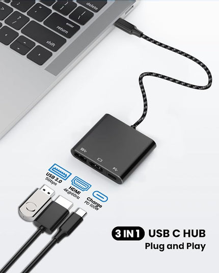 Battony USB C Multiport AV Adapter with 4K HDTV Output USB 3.0 Port, Blcak 50cm Braided Cable & USB-C Fasting Charging Port,Compatible for MacBook Pro Air M1 M2 Pad Pro iMac and Other Type C Devices
