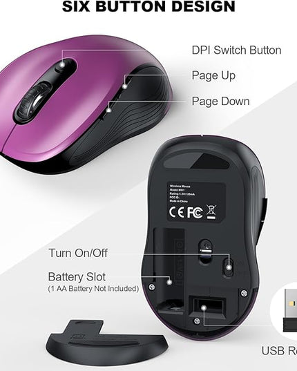 WisFox 2.4G Wireless Mouse for Laptop, Ergonomic Computer Mouse with USB Receiver and Type-C Adapter, 3 Adjustable Levels, 6 Button Cordless Wireless Mice for Windows Mac PC Notebook (Purple)