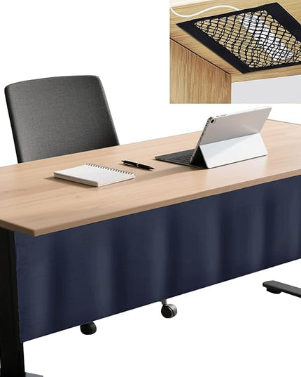 Icegrey 24" Under Desk Privacy Panel with Cable Management Organizer Net Self-Adhesive Modesty Panel for Cord Organizer Pockets and Desk Skirt for Home Office or Standing Workstation, Navy Blue