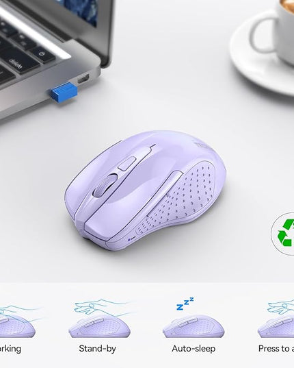 TECKNET Wireless Mouse (2.4G & BT5.0/3.0) Silent 4800 DPI Computer USB A & Bluetooth Mouse 6 Buttons, Wide Compatibility - Lavender