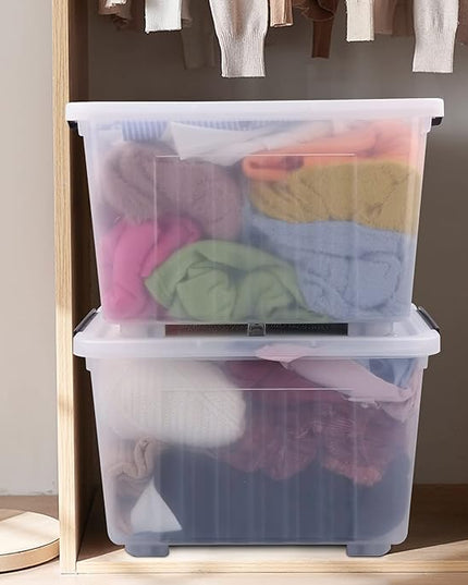 4 Packs 30 L Stackable Plastic Storage Bins with Lids and Wheels, Latching Clear Storage Container Box