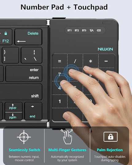 Nillkin Foldable Bluetooth Keyboard with Touchpad & Number Pad, Portable Bluetooth Keyboard with Full Size Keys, Pocket-Sized Wireless Travel Keyboards for iPad, Smartphone, Tablet and Laptop Black