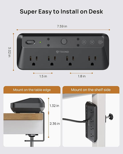 TROND LED Desk Lamp with Clamp Power Strip - Eye Caring Desk Light with 4 Surge Protector Outlet, 15 Lighting Mode, 6ft Flat Plug Extension Cord, Gooseneck for Home Office College Dorm Room Essentials