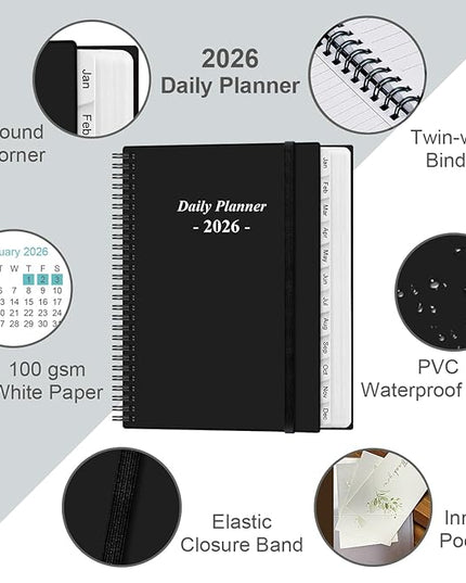 Daily Planner 2026 Full Page Per Day- 2026 Daily & Monthly Planner from January 2026 to December 2026, Day Planner 2026 with 12 Months Tabs, 8.5" x 11", Black