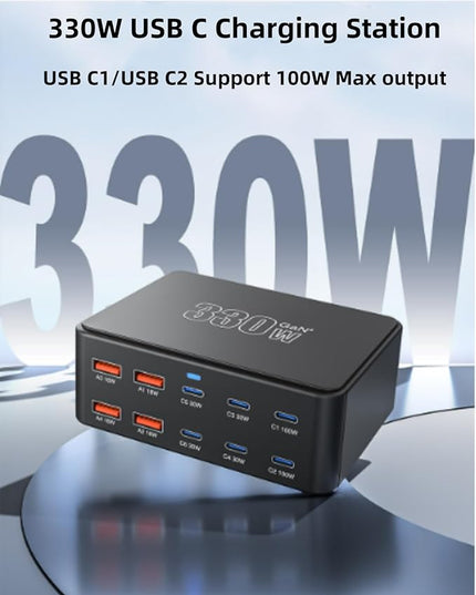 USB C Charging Station 330W, USB C Charger Charging Hub 10 Power Port for Multiple Devices with PD 100W 65W 30W QC3.0 18W Fast Charging Power Stock Station for iPhone 15, iPad Air/Pro, Galaxy