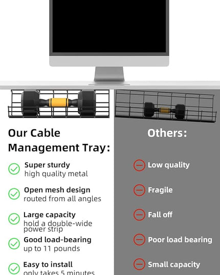 2 Pack DELAMU Under Desk Cable Management Tray, Large Metal Cord Organizer, Office & Home Cord Wire Management Under Desk Shelf, Easy Install Pre-drilled Cable Organizer, Black